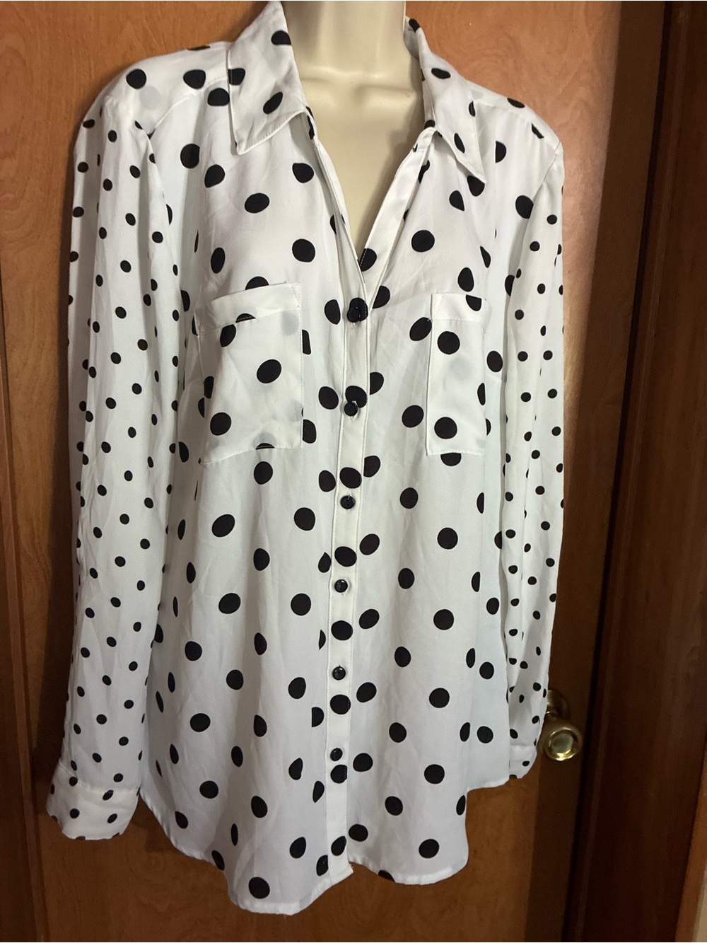 Valerie Stevens White Button-Down Blouse with Black Polka Dots